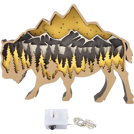 Sculpture animale en bois 3D lumineuse pour déco Halloween - Ornement lumineux artisanal en bois avec éclairage LED - Bison (1/5)