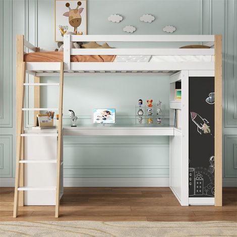Lit mezzanine enfant 90x200 cm avec bureau, tiroir, rangement, échelle, tableau noir — blanc/naturel