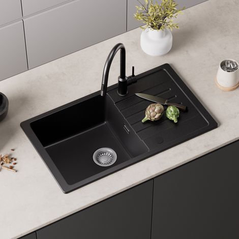 CECIPA MAX Lavello in granito 78×45 cm, lavello da appoggio con gocciolatoio Lavello da cucina in granito incl. sifone, scarico e troppopieno