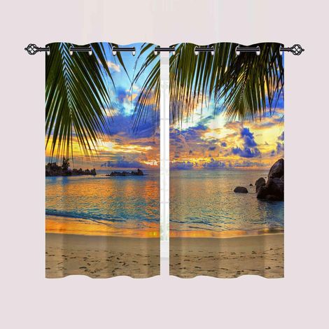 Rideau Occultant Tropical Plage Feuille de Palmier Rideau Thermique Isolant Draperies Intérieurs Tenture Opaque à Oeillets pour Maison Chambre Salon Fenetre 2 Pièces L 60 x H 90 cm - 60L X 90H cm (2 P (1/5)