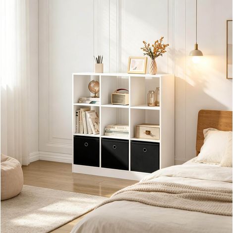 Libreria a cubi 9 vani con 3 cassetti in tessuto, 80 x 86,5 x 30 cm, bianca e nera DESVIAE (1/5)