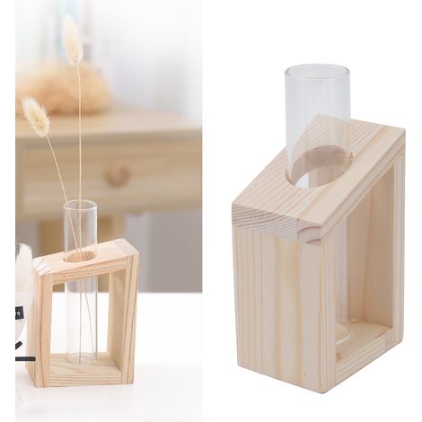 Vase en Verre pour Hydroponie avec Support en Bois - Récipient pour Plantes de Bureau