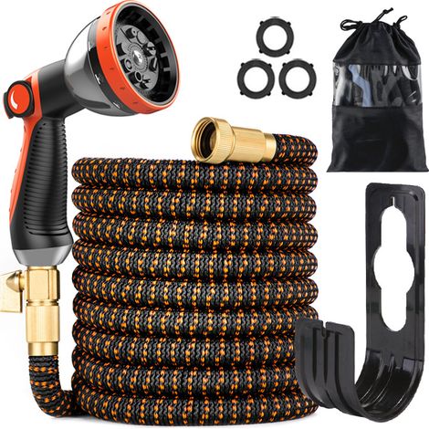 Filiyano-Tuyau d'arrosage extensible de 15 m (50 pi) - Latex 3 couches avec tissage 3450D - Jet à 10 fonctions et raccords métalliques (3/4" et 1/2") (1/5)