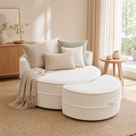 Sillón chaise longue redondo de chenilla beige con otomana, 121x107 cm, 5 cojines y funda desenfundable (1/5)