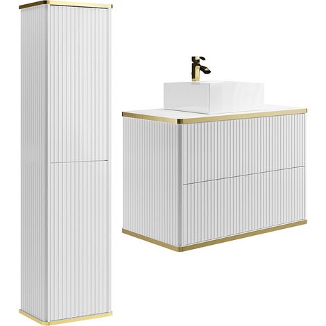Mobile bagno sospeso con scanalature con lavabo d'appoggio quadrato e colonna - Bianco - 80 cm - KELIZA