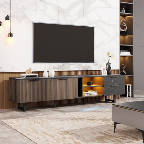 Meuble TV 200 cm Effet Marbre Noir et Bois Foncé, Éclairage LED RGB App, 2 Portes, 2 Tiroirs, 2 Niches, Passages Câbles, Grand Meuble TV Bas XXL Salon Moderne Chic (1/4)
