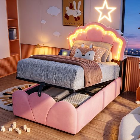 Cama capitoné 90 x 200 cm con almacenaje hidráulico, LED y enchufes integrados, terciopelo rosa (1/5)