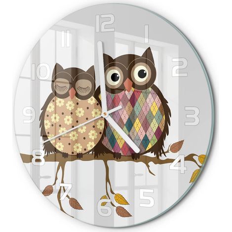 Horloge Murale Ronde Bureau en Verre Trempé Silencieuse Design Contemporain Deux hiboux sur une branche fi 30 cm (1/5)