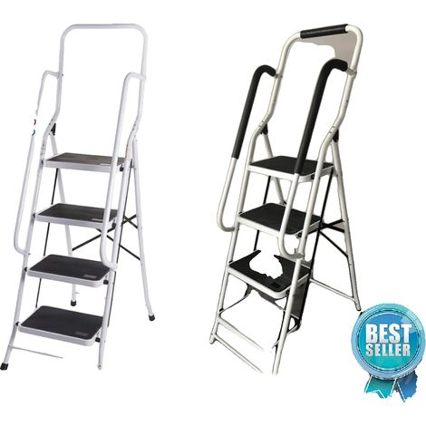Escalera plegable de acero resistente, diseño compacto, 4 peldaños con pasamanos. (1/5)