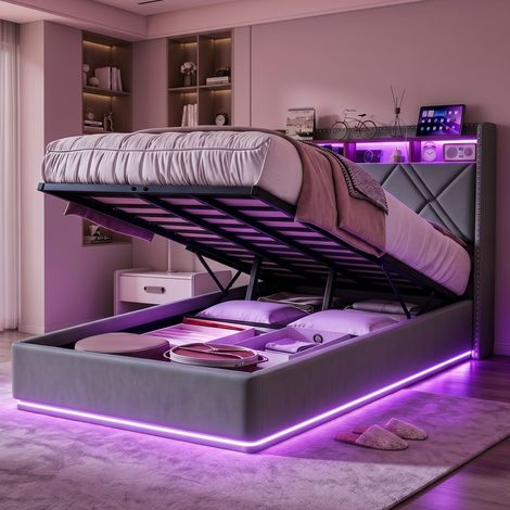 Letto singolo 90x200 cm – Letto contenitore – Interfacce USB + Type-C – Illuminazione a LED – Vano contenitore nella testiera – Lenzuola grigie (1/5)