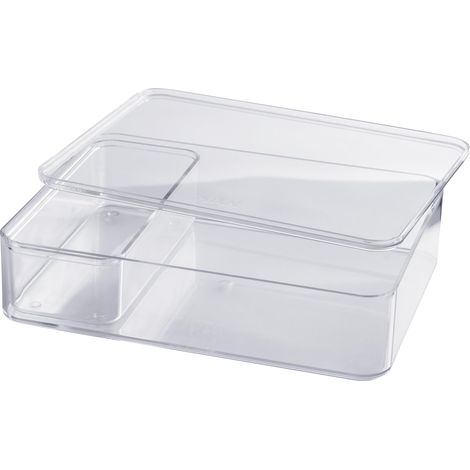 Boîte à ustensiles avec coque intérieure et couvercle/plateau de service, empilable, pour bureau, salle de bain, cuisine, pieds en caoutchouc respectueux des meubles, transparente (1/5)