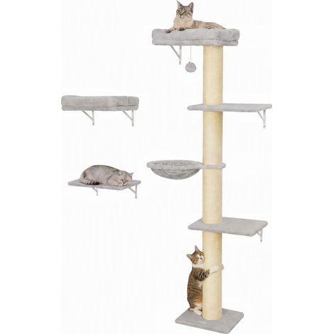 Beyamis Chats muraux d'escalade, ensemble mural d'escalade de chat en 3 pièces, éléments muraux de chat avec poteau de grattage, hamac de plates-formes (1/5)