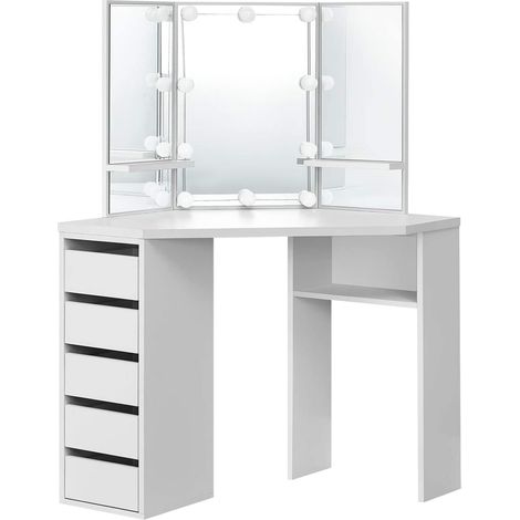 ML-Design Tavolino Cosmetico da Trucco ad Angolo Spogliatoio con Illuminazione LED 3 Specchi 5 Cassetti 3 Scomparti 110x141,5x54 cm Tavolo Toelette per Signore Ragazze Postazione Make-up in Legno MDF