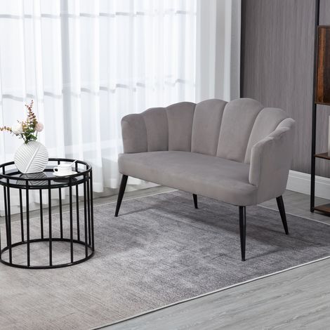 Divano 2 Posti in Velluto, Divano a Conchiglia, Divanetto da Salotto, con Gambe in Metallo, Stile Moderno, Elegante, da Soggiorno, 132x66x80cm, Grigio (1/5)