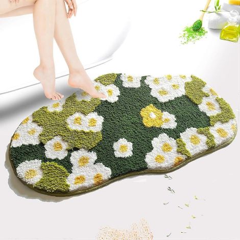 Tapis de bain en mousse verte, 60 x 40 cm, motif floral mignon, aspect duveteux, lavable en machine, doux, absorbant, antidérapant, pour baignoire et douche. (1/5)