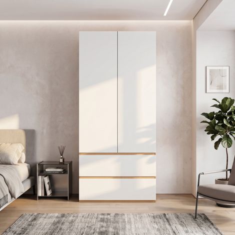 Armoire chambre 90x50x200 cm, Garde-robe moderne pour entrée et bureau, avec 2 portes et 2 tiroirs, en MDF, Blanc (1/5)