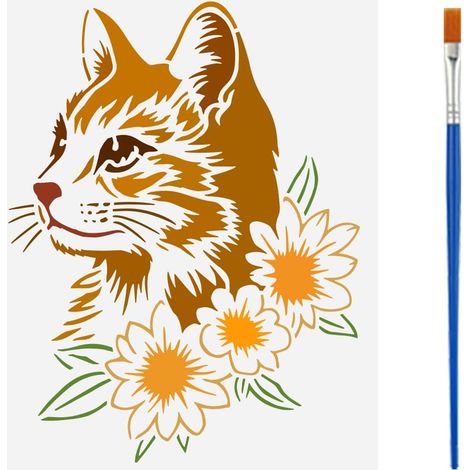 Pochoir de Peinture de Chats Réalistes Avec Pinceau 21x29.7cm Chat Avec Motif de Fleur Modèle de Dessin Pochoir de DIY Animal et Floral Mignon pour Peinture sur Bois Mur Tissu Meubles (1/5)
