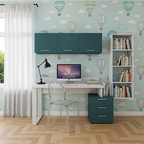 Angolo libreria design con cubotti e cassettiera - Soluzione moderna e salvaspazio - Bianco e Petrolio