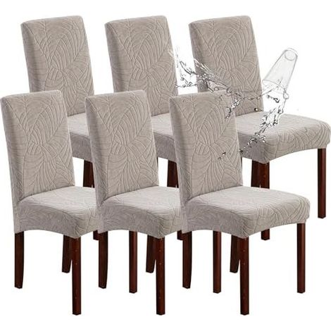 Lot de 6 Housses de Chaise Extensibles en Tissu Jacquard, Lavables et Amovibles, Motif Feuilles Gris Clair, Protection pour Sièges de Cuisine, Salle à Manger et Hôtel (1/4)