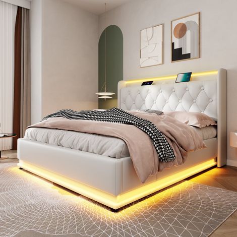 Lit coffre rembourré 140x190 cm en similicuir PU blanc avec LED 360°, ports USB et USB-C, tête de lit capitonnée et rangement hydraulique (1/5)