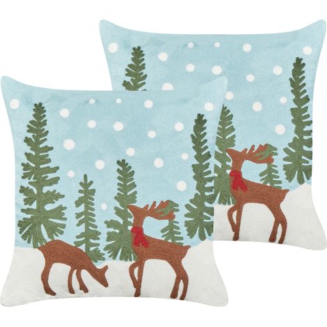 Conjunto de 2 cojines de tela de algodón con motivo navideño renos azul claro 45 x 45 cm Peppermint