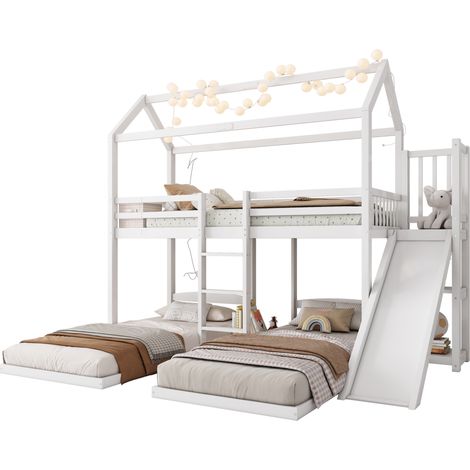 Lit superposé enfant 3 places avec toboggan, toit, rangement supérieur et échelle sécurisée, 90x200 cm, blanc, en bois et MDF – CHICFURN (1/5)