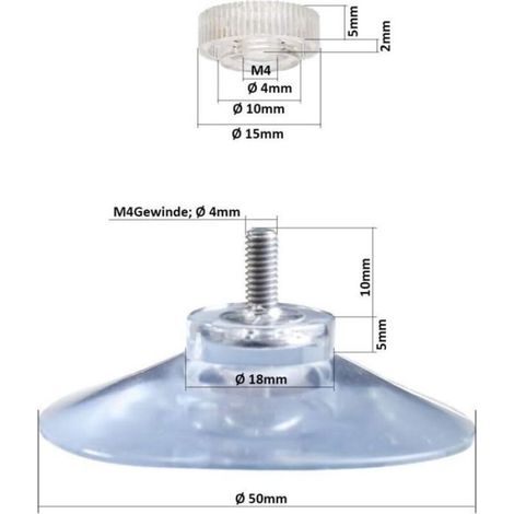 Ventouses de fixation - Lot de 8 pièces - Ø 50 mm - Filetage M4x10 mm - Écrous moletés - Fixation sur surfaces lisses (1/5)
