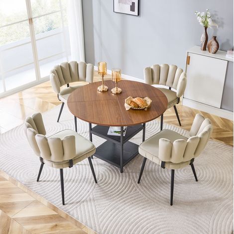 Ensemble de table ronde 107 cm avec 4 chaises rembourrées couleur noyer et brun clair (1/5)