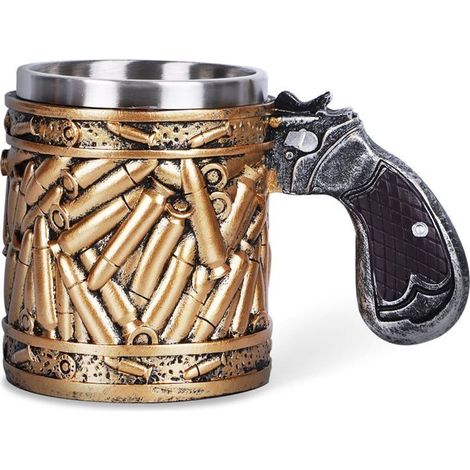 Mug 15 oz en acier inoxydable avec motif pistolet et poignée en forme de balle. Cadeau idéal pour la fête des pères et les anniver,q (1/4)