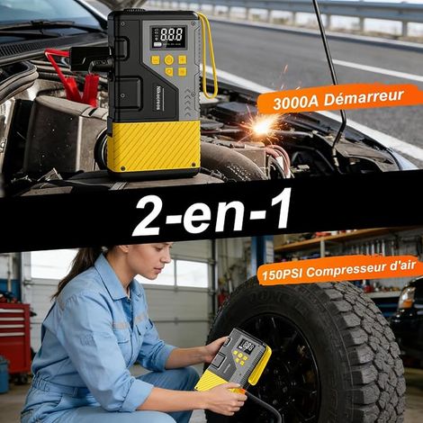 Démarreur de voiture portable avec compresseur d'air pic de 3000 A et max 150 PSI compatible avec les moteurs essence de 12 L et diesel de 10 L lampe LED (1/4)