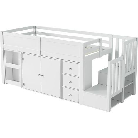 Multifunktionales Kinderhochbett Weiß 90 x 200 cm mit Schreibtisch, Stauraum und Treppe - HOMVRA (1/5)