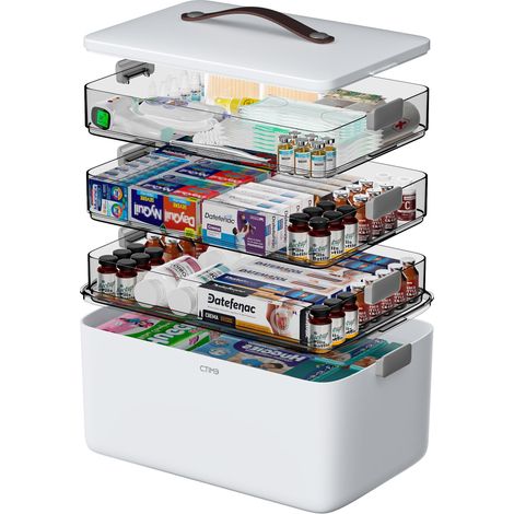 Boîte à médicaments à 4 couches, organisateur portable avec poignée en cuir, mallette de rangement vide pour la maison, les loisirs, les accessoires de couture et les fournitures de bricolage (1/5)