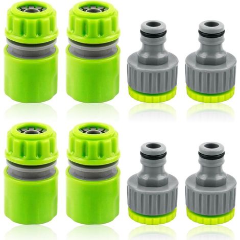 Raccordi in plastica per tubo da giardino – 8 pezzi (4 raccordi a connessione rapida da 1/2″ + 4 adattatori per rubinetto 2 in 1 da 3/4″ e 1/2″) per giardino, auto, fai da te
