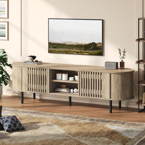 Meuble TV 160x40x47 cm bois ajouré meuble bas salon 2 compartiments TV 65 pouces (1/5)