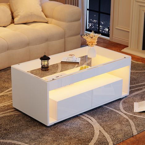 Table basse moderne 100x50x40cm avec éclairage LED, table de salon rectangulaire à 2 tiroirs spacieux, plateau en verre double étage, finition brillante, meuble TV blanc pour séjour (1/5)