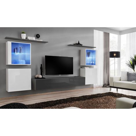 Ensemble mural - Switch XIV - 4 vitrines - 1 banc TV - 2 étagères - Blanc et graphite - Modèle 1 - Livraison gratuite