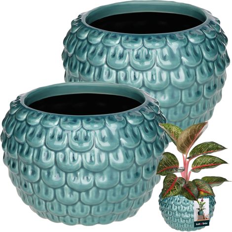 KOTARBAU® 2er-Set Künstlerischer Blumentopf 17 cm Türkisfarbener Deckel Vintage Keramik Handgefertigter Blumen- und Kräutertopf