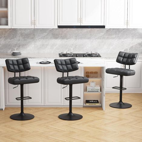 Barhocker 3er Set, höhenverstellbar, drehbar, mit Rückenlehne, PU-Leder, Schwarz (1/5)