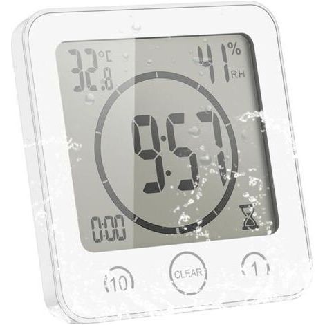 FENOPLASTICARéveil de salle de bain, réveil numérique LCD, réveil de douche tactile étanche, affichage de la température et de l'humidité, compte à rebours, 3 options de montage, fonctionne sur piles (1/5)