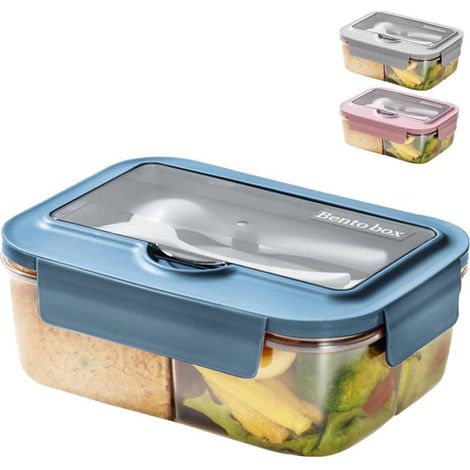 BelleRise - Bento Lunch Box Micro Ondable, 1400Ml Boite Repas avec 3 Compartiments et Couverts, Boite à Lunch pour Pique-Nique, Travail (Bleu) (1/5)