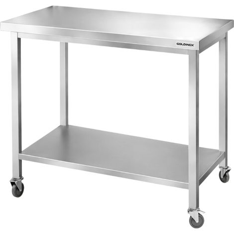 Table de travail en inox Bar 1200x600 mm avec 1 étagère inférieure sur roulettes PREMIUM - GOLDINOX (1/2)