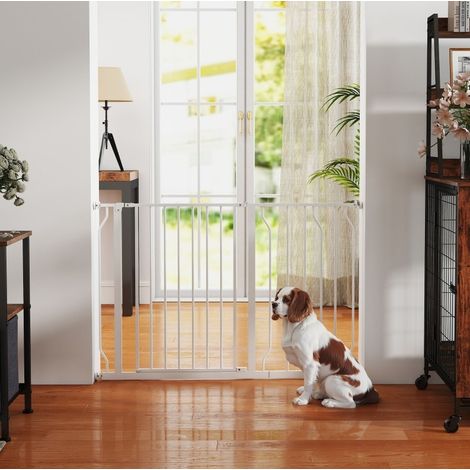 Puerta de seguridad para perros a presión, ancho ajustable 75-115 cm, acero/ABS, blanca (1/5)