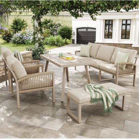 Ensemble de mobilier de jardin en fer beige 7 places avec coussins, table basse verre aspect bois et éléments modulables (1/5)