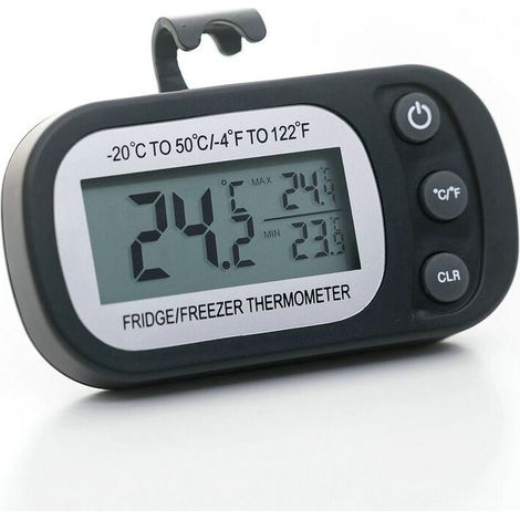 Schwarzes Kühlschrankthermometer mit LCD-Anzeige, digitales, wasserdichtes Gefrierschrankthermometer mit Magnethaken (-20 50 ℃)