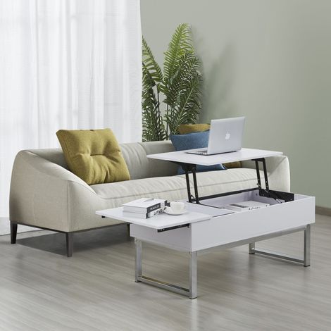 Le Quai Des Affaires – Table basse relevable 110x55cm – Plateau relevable avec coffre de rangement – Piétement métal chromé – Finition blanche (1/6)