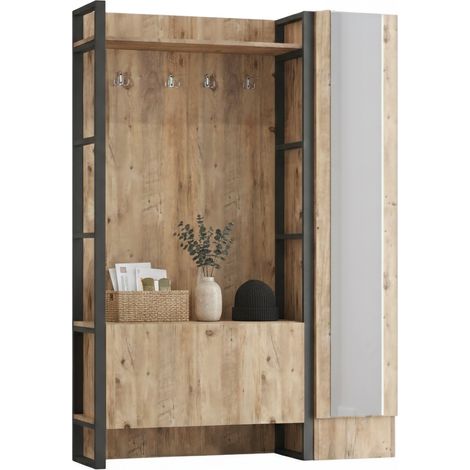 Mobile da Ingresso Damasco, Specchio Incluso, Appendiabiti, 5 Ripiani, 126x34x180h cm Marrone Quercia