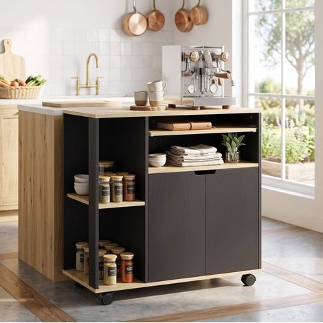 Küchenwagen mit Stauraum, 80 x 40 x 82 cm, mit Rollen und Schrank, Schwarz HAVRYA (1/4)
