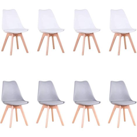 Esszimmerstühle 8er Set mit Massivholzbeinen, abnehmbarem Kissen, modern, Weiß+Grau (1/5)
