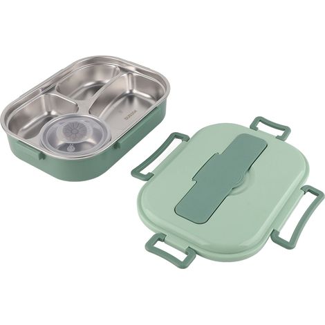 Boîte-repas en acier inoxydable 4 compartiments, idéale pour étudiants et adultes, avec bol à soupe inclus - Vert