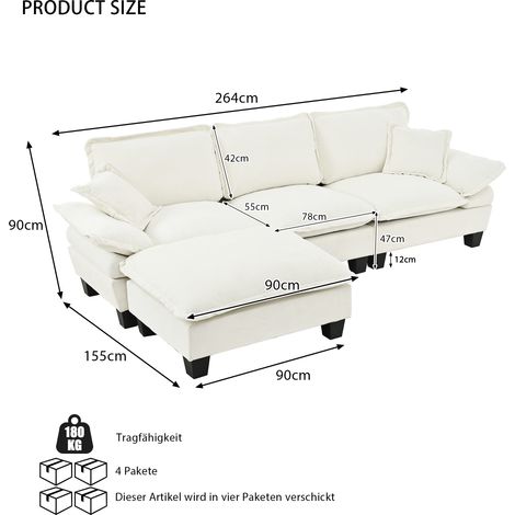 Canapé d'angle nuage en L avec ottoman mobile et coussins doux. Housse en chenille confortable pour salon et appartements beige